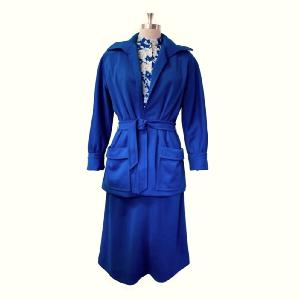 70s Blue and White Floral Print Skirt Suit